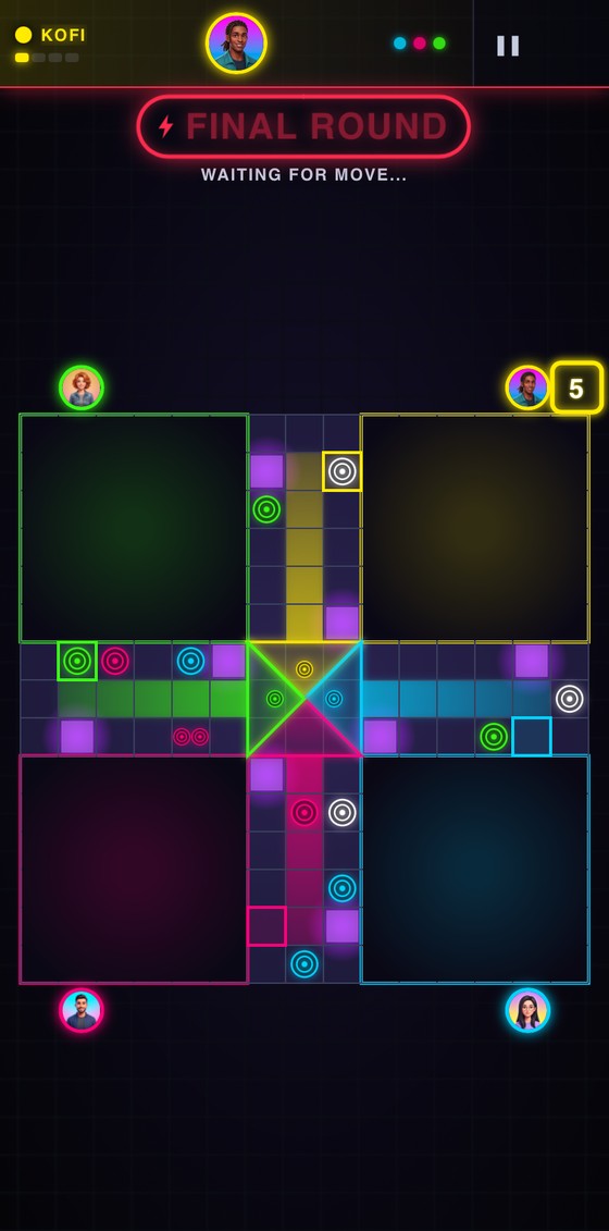 Ludo Rocket Blitz match on an Android phone with the clock showing FINAL ROUND
