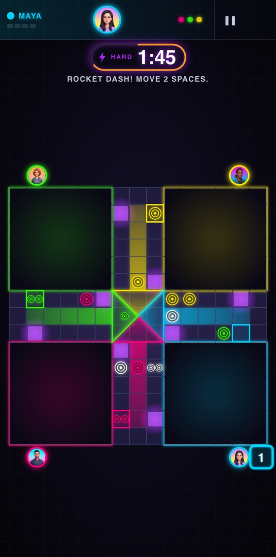 Four-player Ludo Rocket Blitz match on iPhone with the match clock counting down