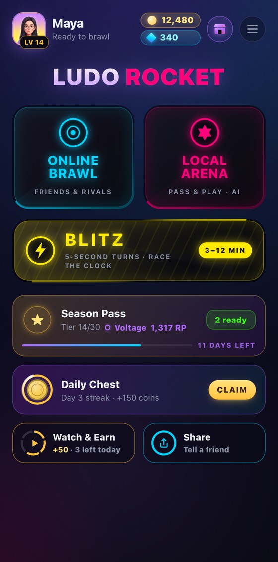 Ludo Rocket home screen on iPhone with Online Brawl, Local Arena, Blitz, Season Pass and the Daily Chest
