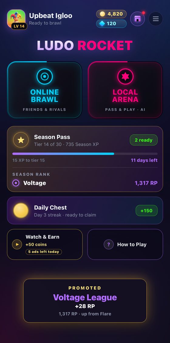 Ludo Rocket home screen on an Android phone showing Season Pass progress