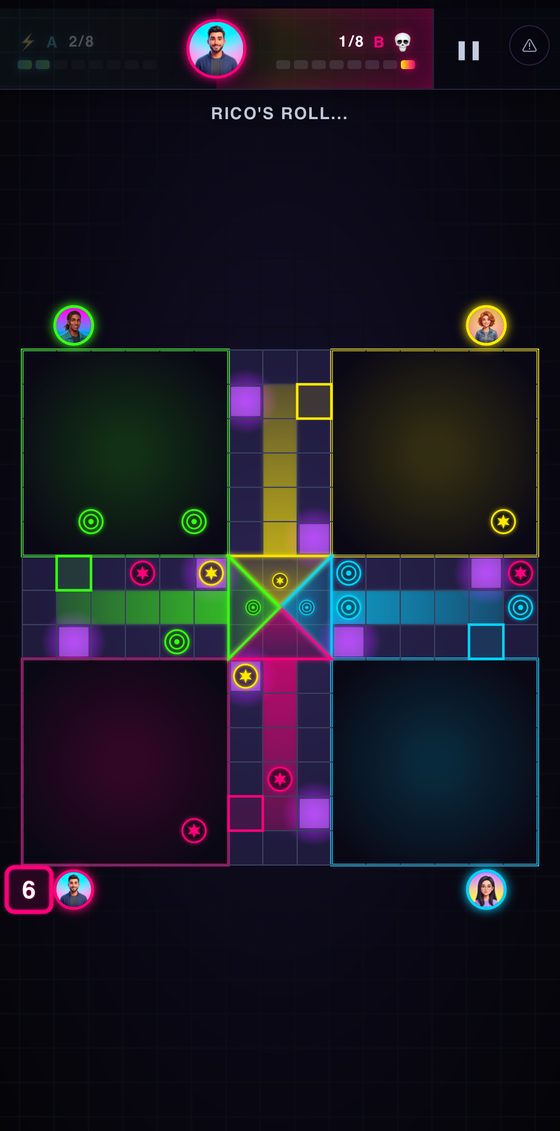 Ludo Rocket 2v2 board on an Android phone during a partner's roll