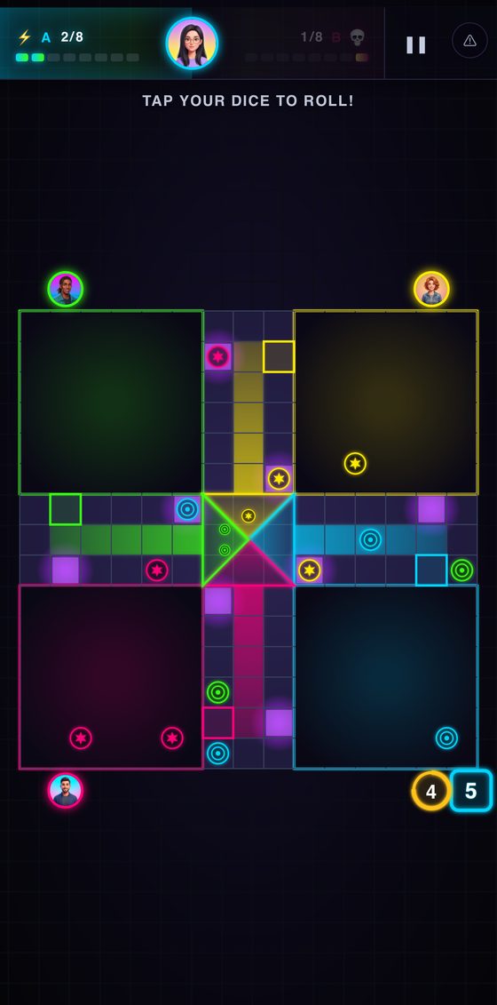 2v2 Ludo Rocket match on iPhone showing team scores A 2/8 and B 1/8
