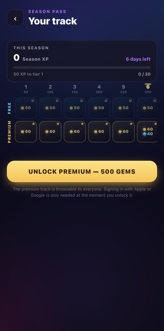Ludo Rocket Season Pass track on an Android phone showing free and premium reward tiers
